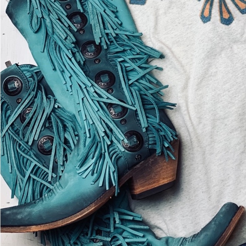 Liberty black turquoise fringe boots